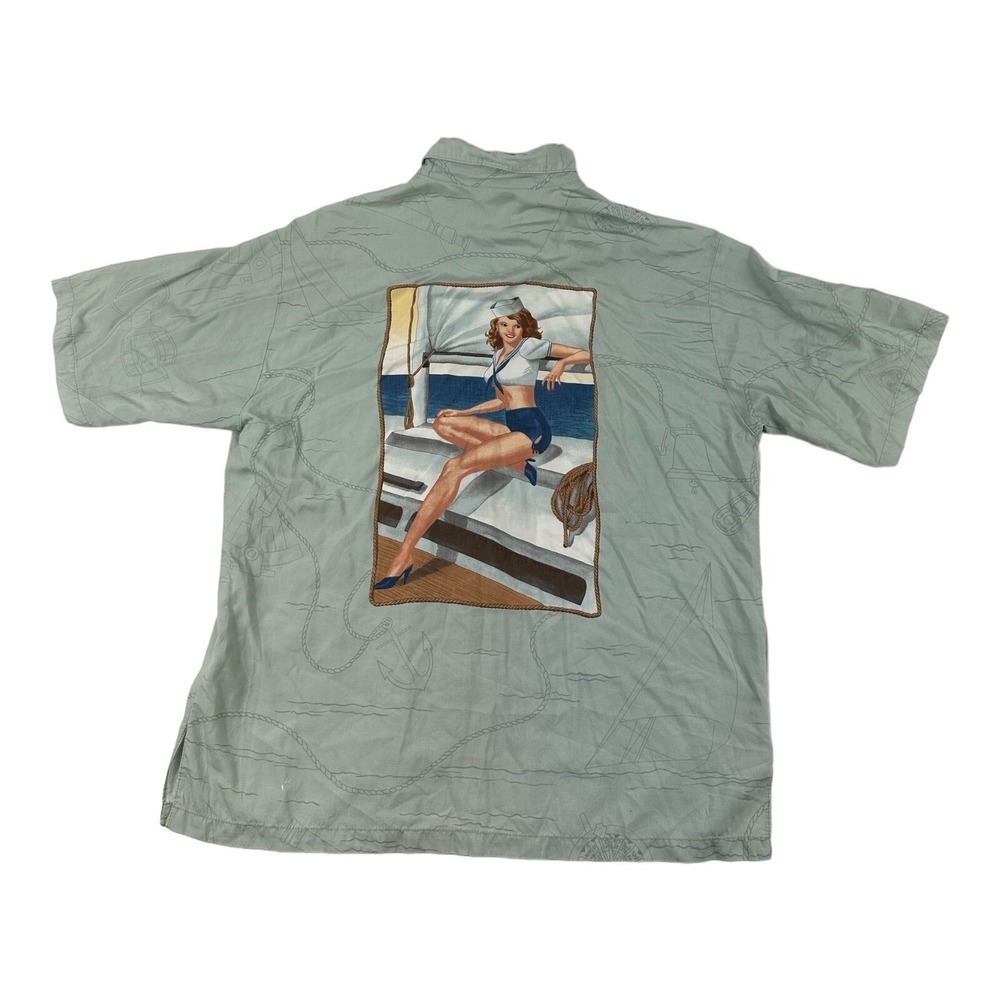 Tori Richard VTG Viscose Seafoam Pinup Girl Nautical Hawaiian Shirt Size Large